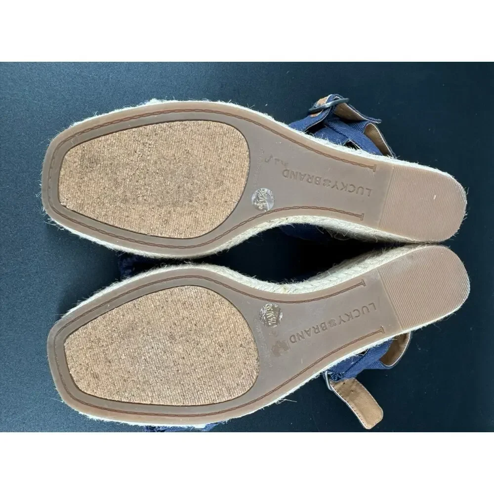 Lucky Brand Mindra Espadrille Wedge Sandals 7.5M Indigo Blue Canvas Frayed